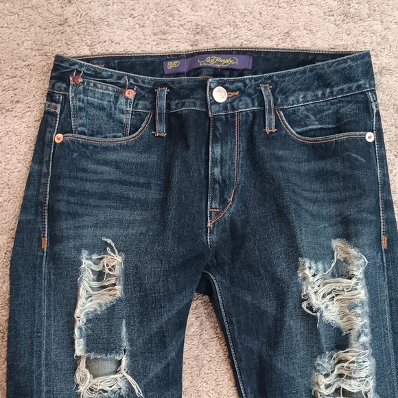 Ed Hardy Blue Dark Wash Ripped Boyfriend Denim Jeans Women's 32x30 SUPERB CONDIT - Picture 2 of 12